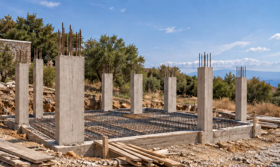 Reinforced concrete foundations and columns on site