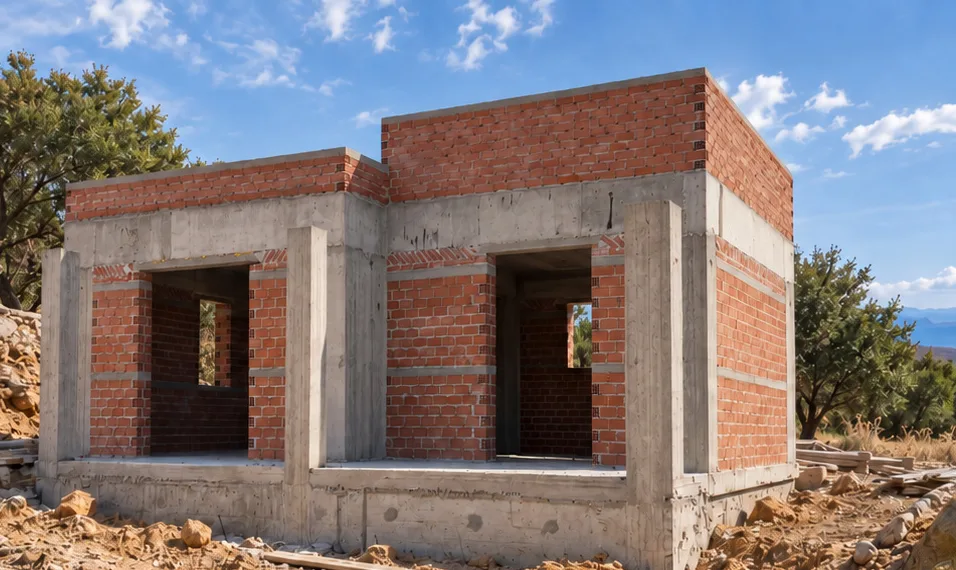 Brick masonry walls with window openings on the concrete frame