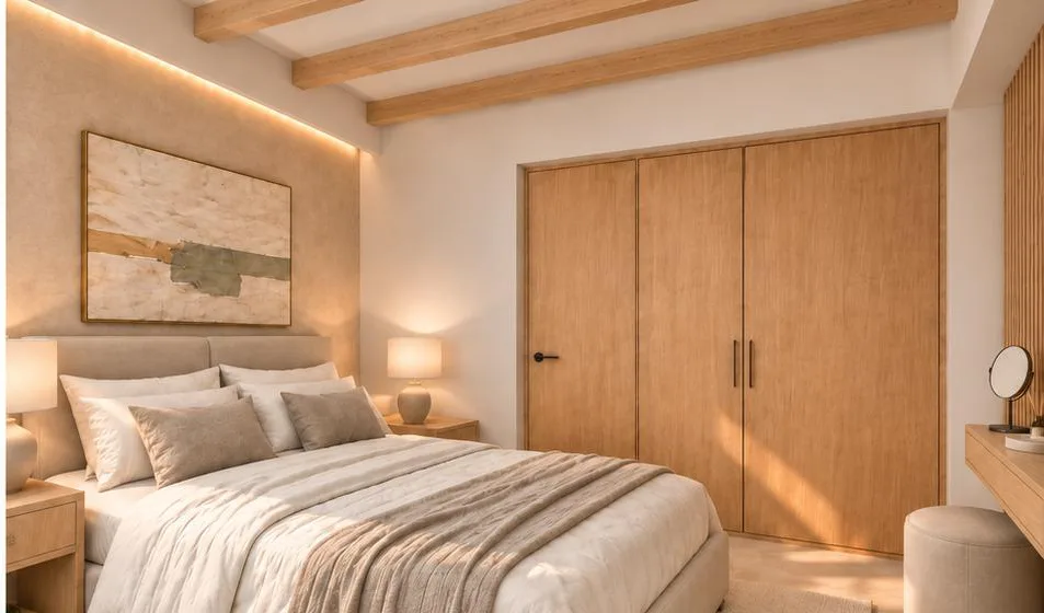 Bedroom with built-in timber wardrobe