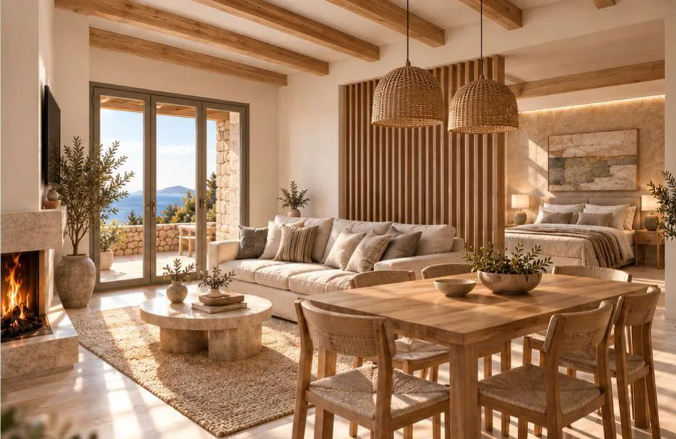 Living and dining room with fireplace and timber ceiling