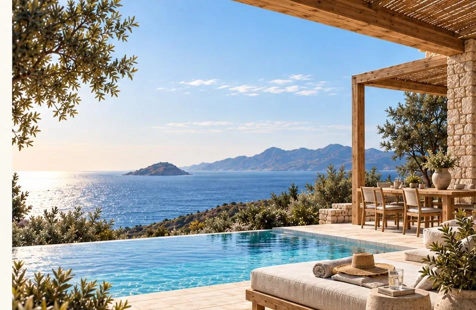 Private pool and sun loungers facing the sea