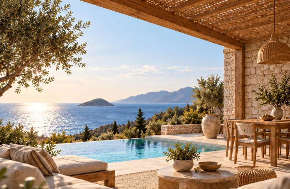 Covered terrace with dining table beside a private pool looking out to sea