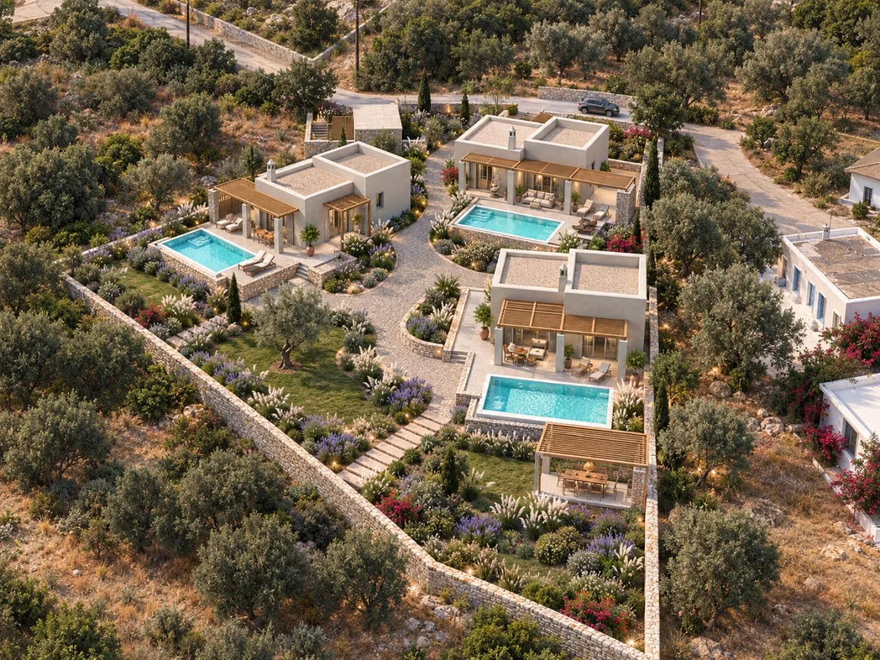 Aerial rendering of the three residences and pools on the plot at Xeroniamata
